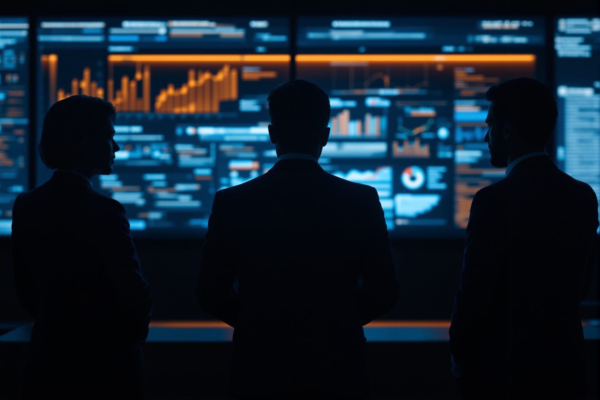 Vorstandsrunde im dunklen Boardroom – CTO, CIO, CFO und CEO im Vergleich