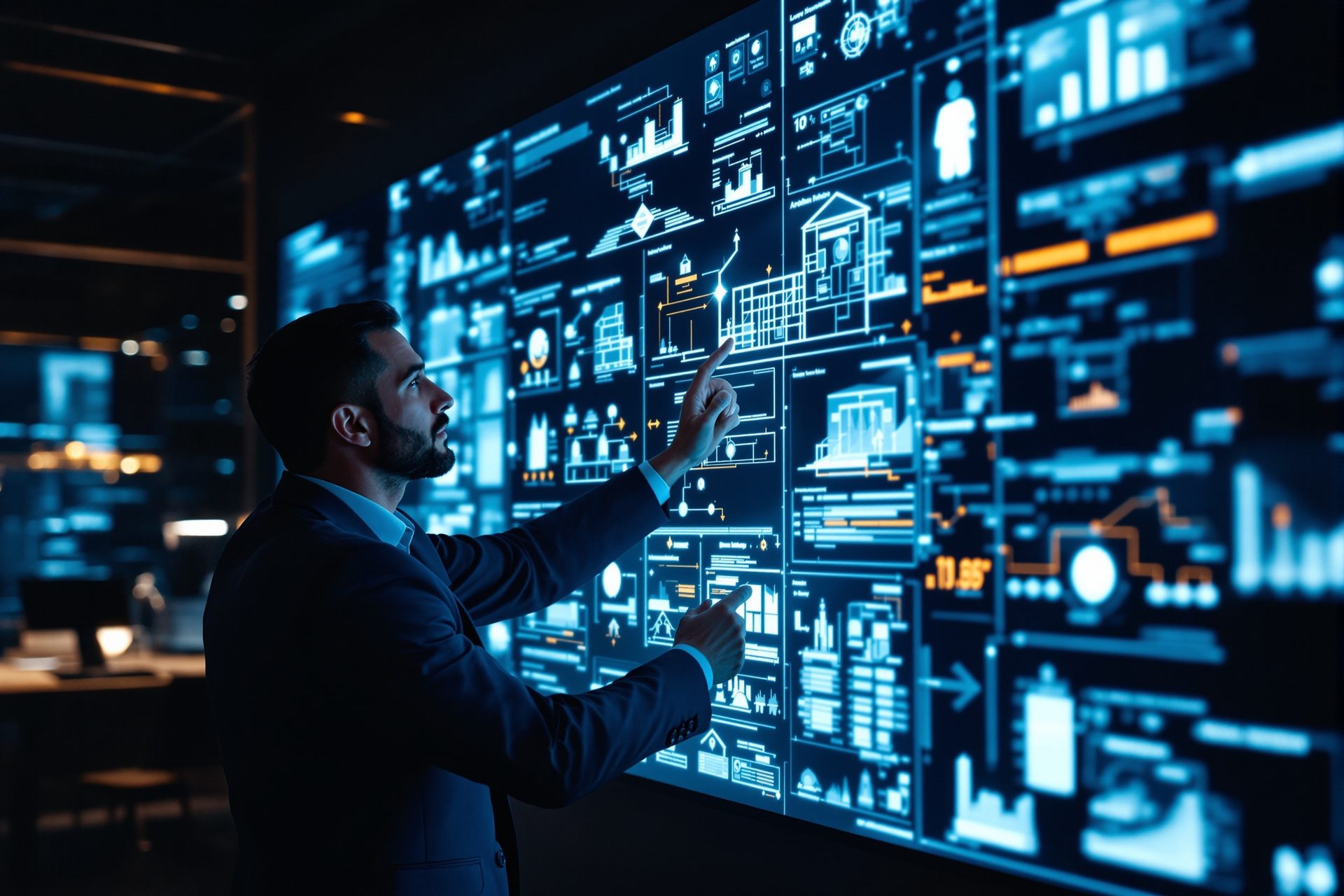 Chief Technical Officer prüft eine Technologie-Architektur auf einem großen Bildschirm